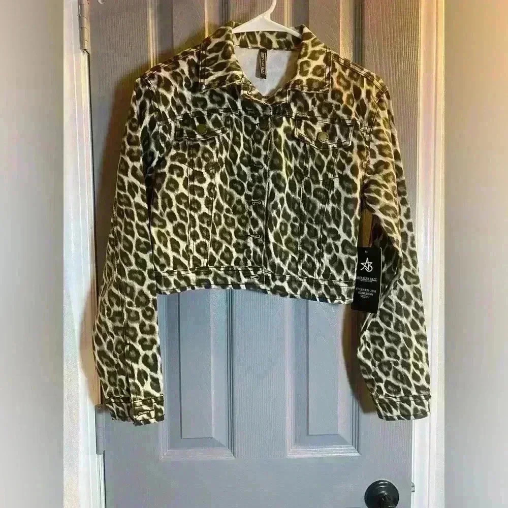 American Bazi  Leopard Print denim Jacket women’s size small